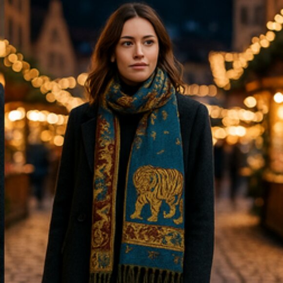 Vintage Wildlife Jacquard Pashmina-Style Shawl – Tigers, Elephants & Birds – Rev - Picture 2 of 16